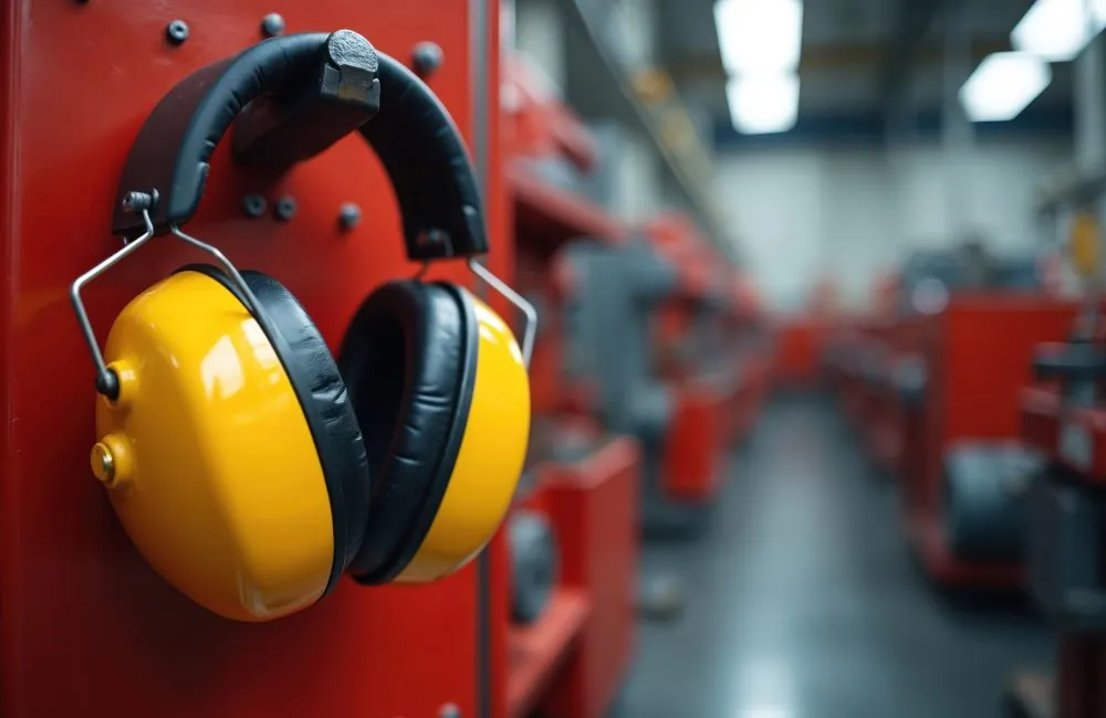 Protective earmuffs hanging on a red industrial machine